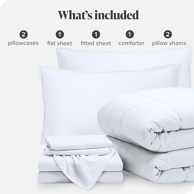 Bare Home Bed-in-A-Bag 8 Piece Comforter & Sheet Set - Split California King - Goose Down Alternative - Ultra-Soft 1800 Premium Bed Set (Split Cal King, White/White)