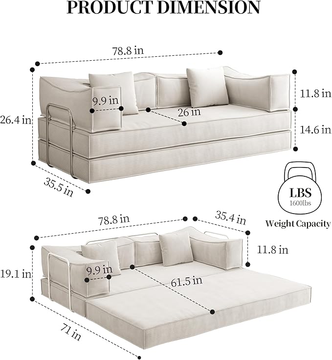 Carzzi-Life 79" Convertible Sleeper Sofa Bed, Corduroy Folding Sleeper Couch with Fixed-Shape Frame, Boneless Couch for Living Room Bedroom, Floor Sofa Lounge No Assembly Required (Beige)