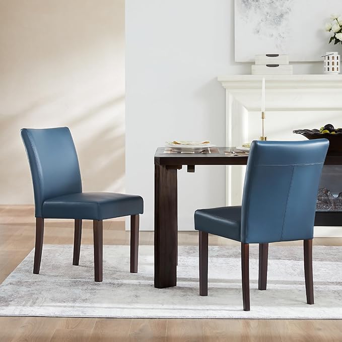 Watson & Whitely Upholstered Kitchen & Dining Room Chairs with Low Back, Faux Leather Armless Dining Chairs with Solid Wood Legs, Set of 2, Blue