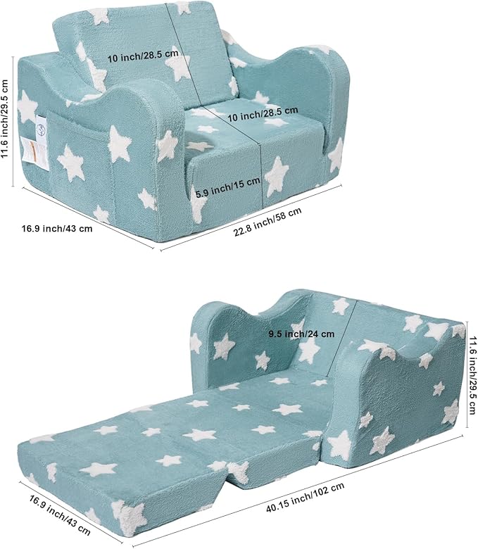 Toddler Couch, Kids Couch for Toddler Fold Out, 2-in-1 Convertible Kid Sofa to Lounger Bed for Girls and Boys, Ideal for Reading Sleeping Gaming Decor (Green)