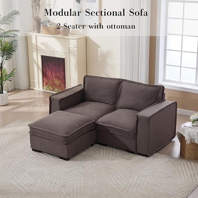 HEAY-YO 67 Inches Modern Modular Sectional Sofa,L Shape 2-Seater Comfy Couch with Moveable Ottoman,Floor Loveseat Sofa for Living Room Bedroom Apartment,Linen Grey