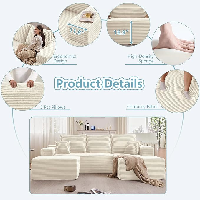 107" W Cloud Sectional Couch with Ottoman,Modern U-Shaped Cloud Couch with Deep Seat,Comfy Corduroy 3-Seater Sofa,Memory Foam Sofa for Living Room,No Assembly (White,Right-Facing Chaise)