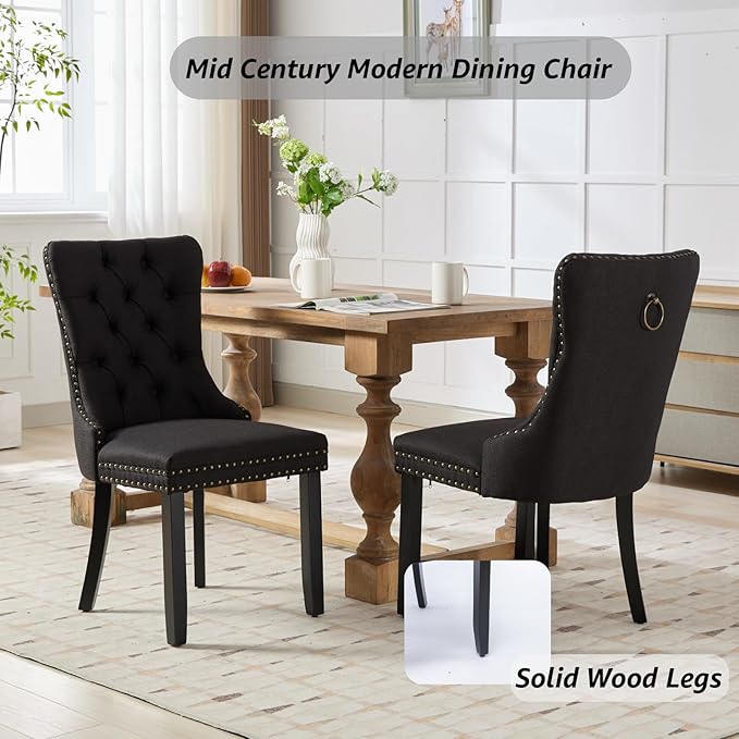 YeahFurn Black Mid Century Modern Dining Chairs Set of 2, Linen Upholstered Kitchen & Dining Room Chairs with Nailhead Trim & Solid Wood Legs, Elegant Sillas De Comedor (Black, 2 Pcs)