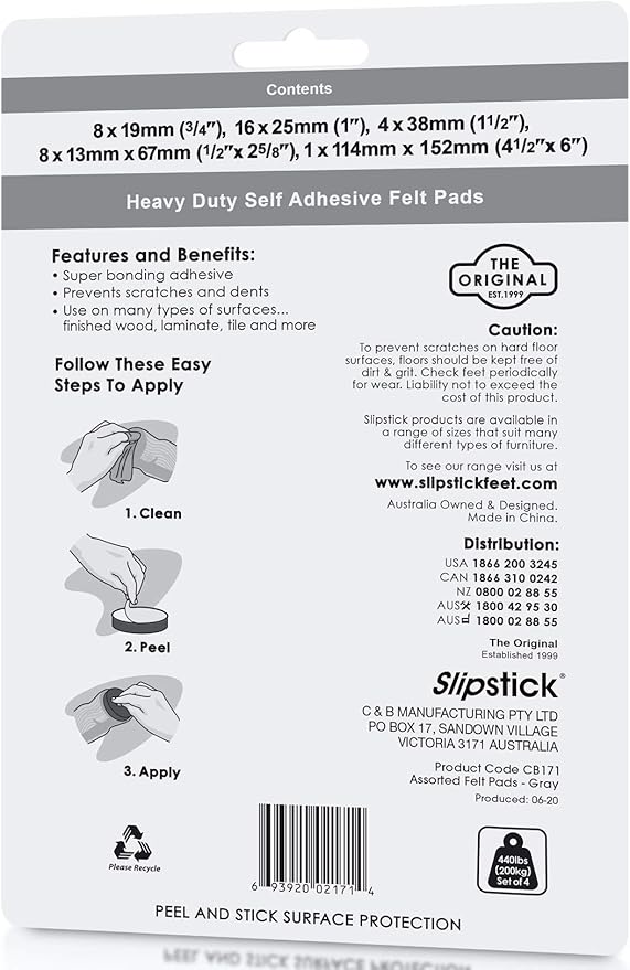 Slipstick Premium Wool Felt Furniture Pads/Floor Protector Variety Pack (37 Pieces) Self Stick Furniture Felt Protection Pads, Safe on All Hard Surfaces, Gray, CB171