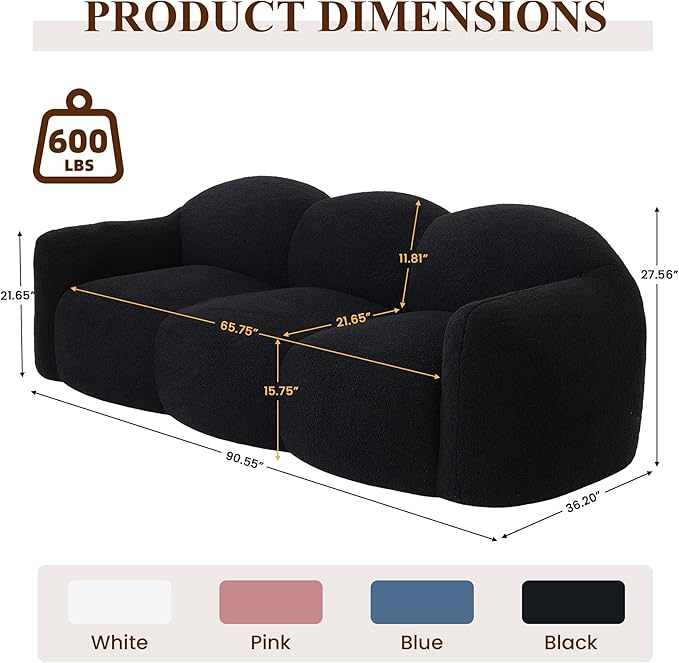 WJShome 90" Modern Curved Cloud Shaped Couches for Living Room, Bean Bag Chair Lazy Floor Couch, Cozy Leisure Boneless 3 Seater Sofa for Bedroom, Apartment-No Assembly Required (Black)