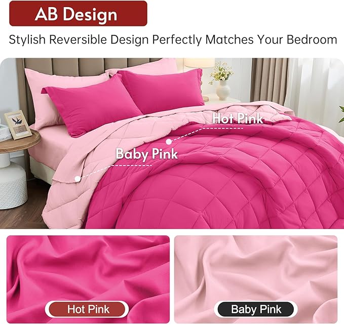 MUXHOMO 7 Pieces Full Comforter Set, Reversible Bed in a Bag Full Size, All Season Bedding Set with Comforter, Flat Sheet, Fitted Sheet, Pillowcases & Shams, Hot Pink & Baby Pink