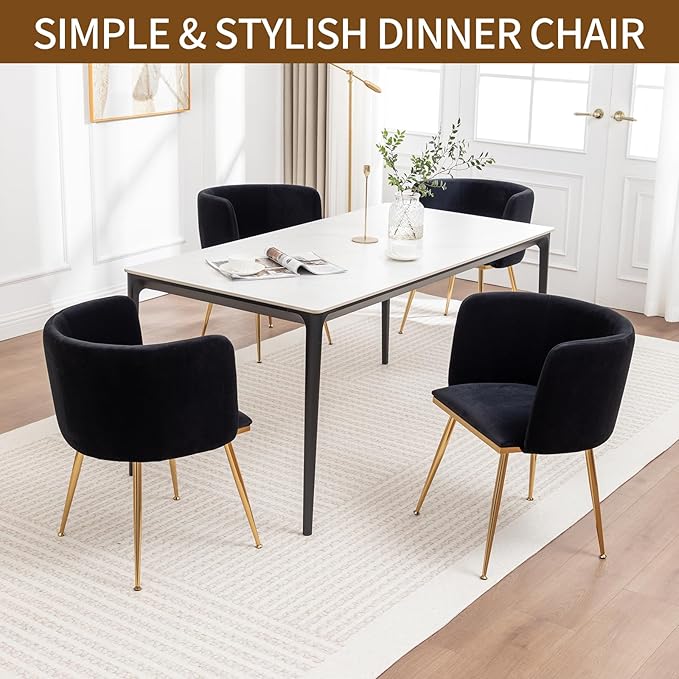 Canxkun Velvet Dining Chairs Set of 6, Barrel Dining Chairs with Gold Metal Legs, Modern Upholstered Dining Room Chair for Dining Room, Kitchen, Vanity (Black)