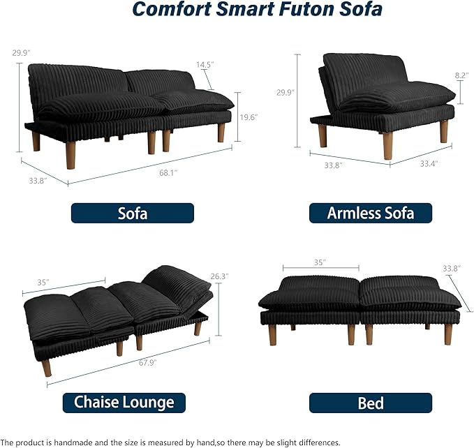 69" Futon Sofa Bed, 4 in 1 Multi-Function Couch Sleeper with Adjustable Backrest, Modern Convertible Futon, Recliner Small Loveseat for Living Room, Dorm, Plush Dark Grey