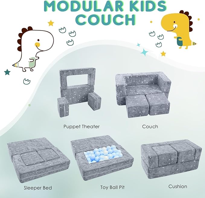 MeMoreCool Dinosaur Glow Foam Kids Play Couch Set, Gray Modular Sofa & Lounger – Glow-After-Light Dinosaur Pattern, Machine-Washable Cover
