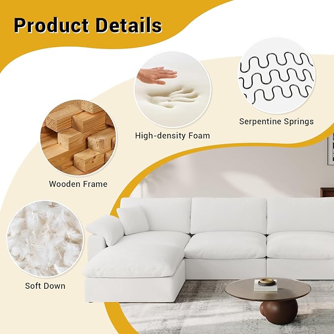 Gtilzria Ottoman,Down Filled Comfort Footrest,Modular Sectional Cloud Sofa for Living Room,Removable Washable Cushion Covers Couch for Apartment,White