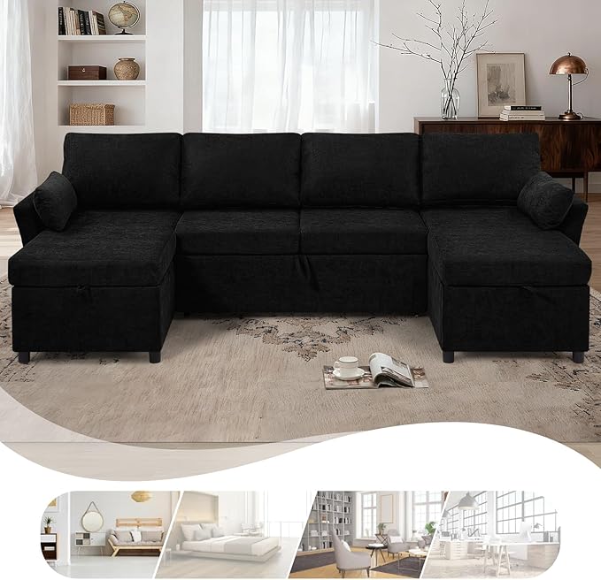 ACMEASE 107 Inches Fabric Sectional Sofa with Pull Out Sofa Bed, Modern U Shaped Sofa with Throw Pillows, Comfortable Sleeper Couch with Storage Chaise for Living Room, Black