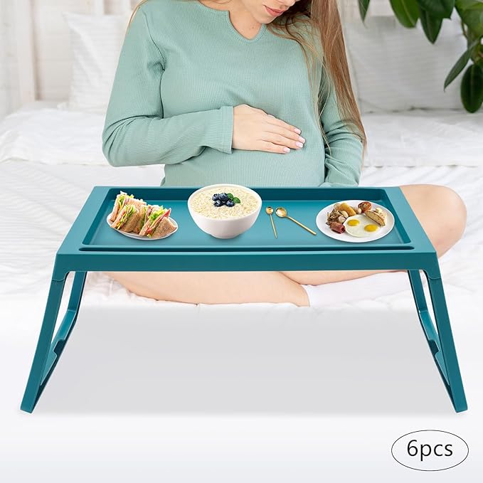 DUSNDULR 6 Pack Bed Tray Table, Foldable Laptop Desk Cute Serving Food Trays with Folding Legs & Charging Hole for Eating Reading Working (Blue)