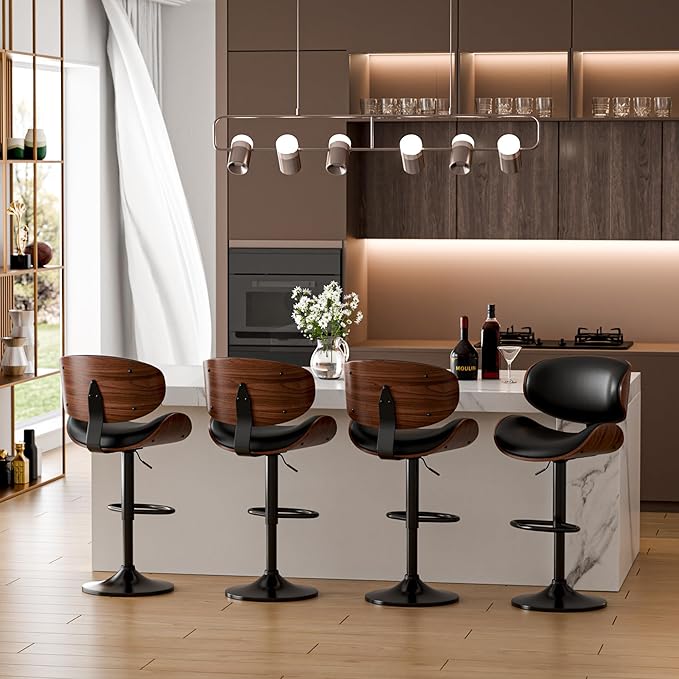 Aowos Bar Stools Set of 4, Adjustable Swivel Bar Stools Mid-Century Modern PU Leather Counter Height Bar Stool for Kitchen Island Bar Chairs with Back (Black)