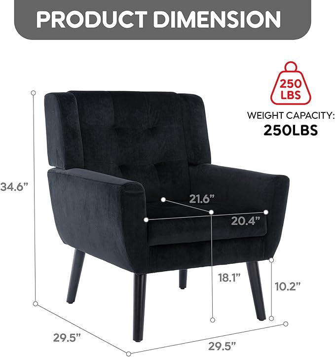 OO BY ORANGE ONLINE Velvet Accent Chair, Mid-Century Modern Tufted Armchair for Living Room, Bedroom & Office (Black)