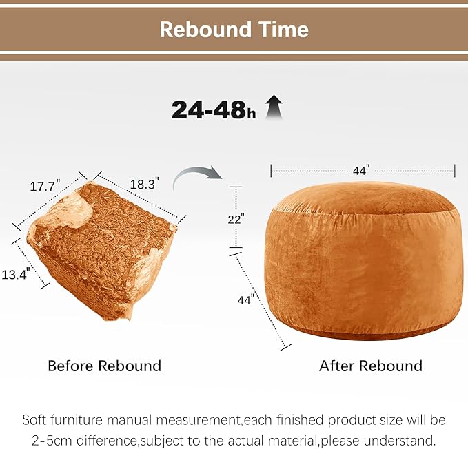 Bean Bag Chairs for Adults - Memory Foam Furniture BeanBag Chair - Kids/Teens Sofa with Soft Micro Fiber Cover - Round Fluffy Couch for Living Room Bedroom College Dorm - 4 ft, Golden Brown
