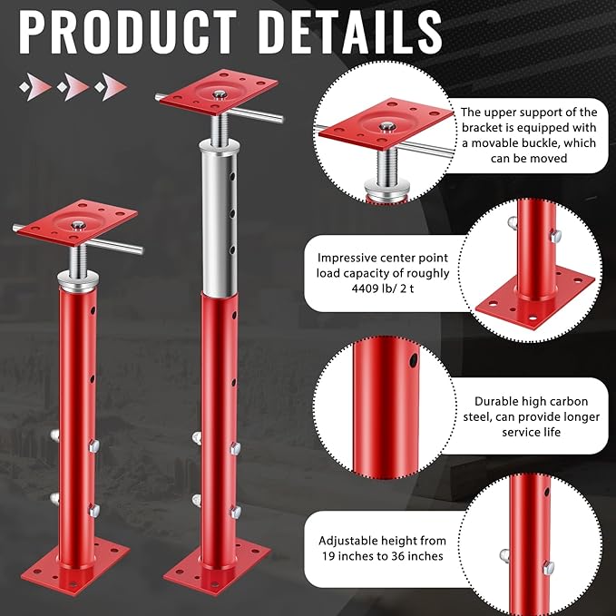 Yaocom 2 Pcs Adjustable Jack Post, 19"-36" Height Range, Basement Floor House Screw Jacks for Lifting Joist Beam Brace for Cellar Ceiling, Center Point Load Capacity 11023 Lbs, Red