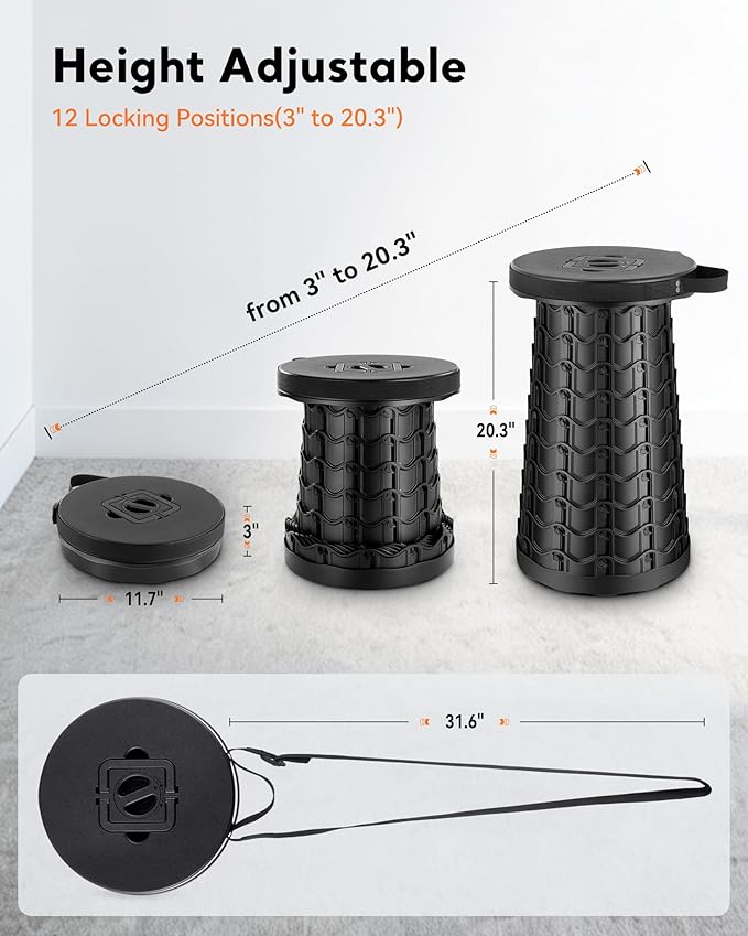 Portable Heavy Duty Collapsible Stool - Wide Seat, Extra Tall & Height Adjustable Stool - Retractable Folding Chair for Camping, Fishing, Hunting & Outdoor Use