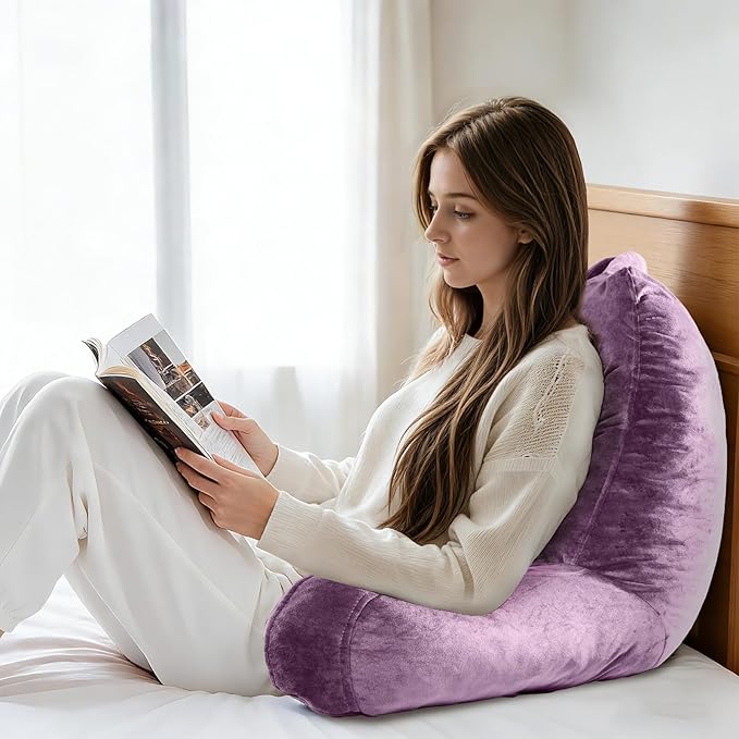 OAISZ Reading Pillow for Sitting in Bed Adult, Reading Pillow with Shredded Memory Foam, Bed Pillow with Washable Cover, Back Pillow Sitting Up with Extend Arms, Purple, X-Large