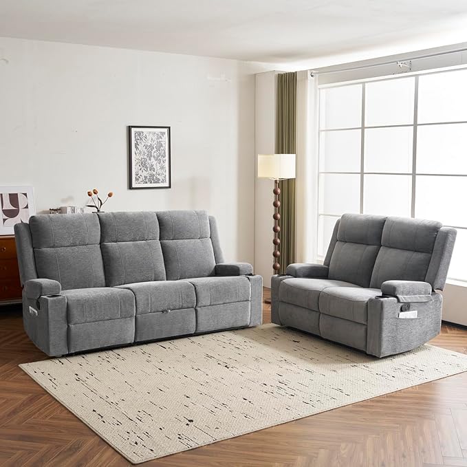 PALLOME 2 Piece Living Room Sofá Set, Modern Chenille Reclining Sofa Set with Convertible Center Console & Storage Ottoman, Space-Saving Couch for Home/Bedroom/Apartment (Grey)