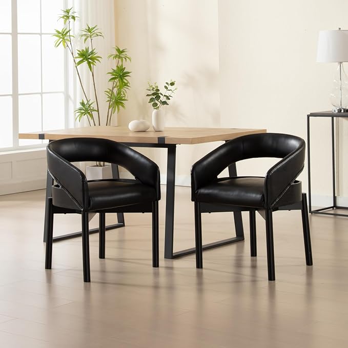 DUOMAY Modern PU Leather Dining Chairs Set of 2, Open Back Kitchen Chairs with Solid Wood Legs Upholstered Curved Back Side Chairs for Kitchen Restaurant, Black