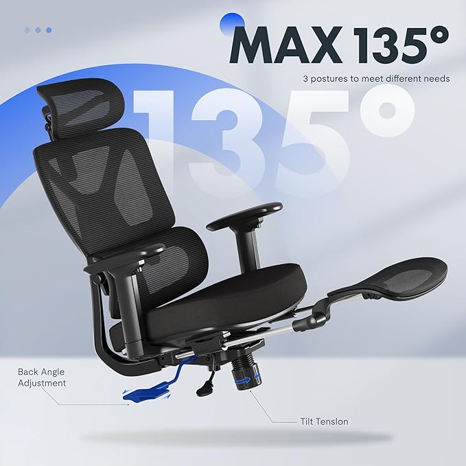 FLEXISPOT ErgoX Premium Ergonomic Office Chair with Footrest- Adjustable 3D Armrests, Dynamic Lumbar Support, Recline & Tilt Function, Mesh Seat, for Home & Office Use,Black Foam