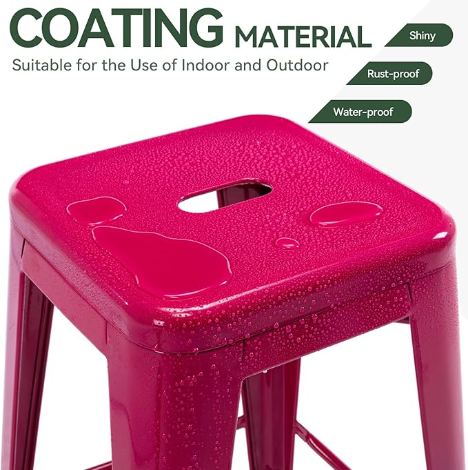 Vogue Furniture Direct 24 Inch Bar Stools Backless Metal Barstools Indoor-Outdoor Counter Height Stools with Square Seat, Set of 4 (Hot Pink)