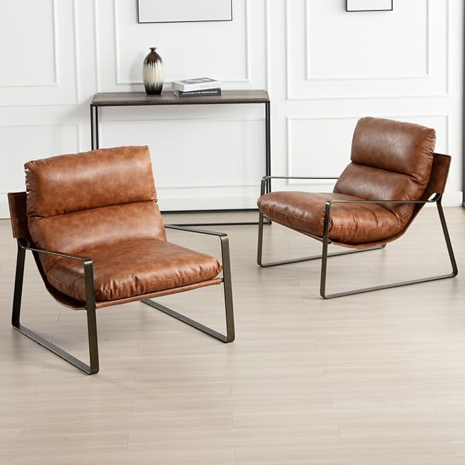 LukeAlon Modern PU Leather Accent Armchair, Upholstered Lounge Chair with Brass Metal Frame Thickened Cushion Comfy Leisure Chair with Lychee Grain for Bedroom Living Room, Brown