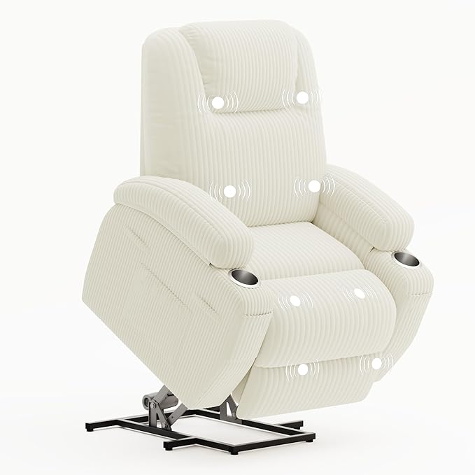 Flamaker Power Lift Chair Massage Recliner Chairs for Elderly, Corduroy Ergonomic Design with Cup Holders & Side Pockets, Remote Control (White)