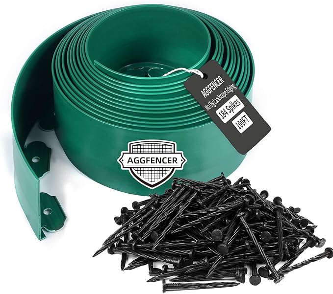 AggFencer 4 in x 100 Ft Garden Landscape Edging, No Dig Garden Edging Border Kit with 184 Pcs Spikes for Flower Bed Lawn Yard Grass Green