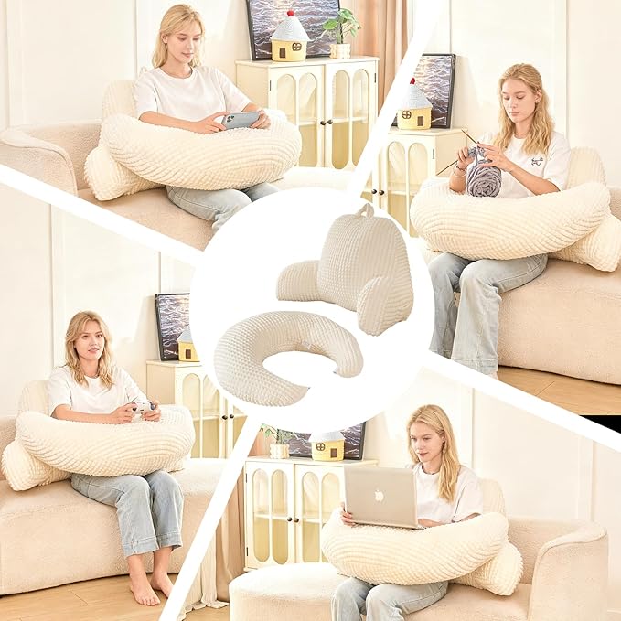 PAJEO Reading Pillow for Bed,U Shaped & Back Support Pillow for Bed,19" Backrest with Lumbar & Arm Support,Comfy Flannel Fabric,Lap Pillow for Gaming/Reading/Watching TV,White