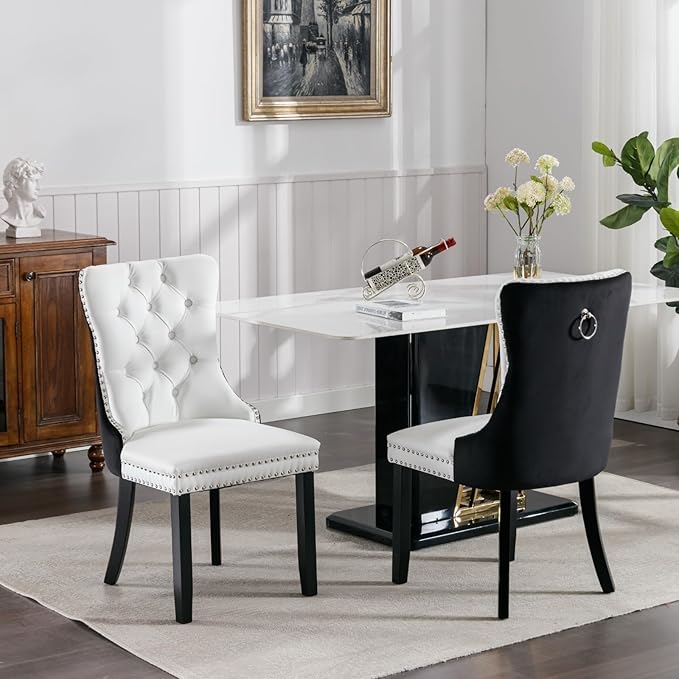 YeahFurn Modern Dining Chairs Set of 2, Tufted Upholstered Dining Room Chairs with Nailhead, PU Leather Front & Velvet Back, Solid Wood Legs, Kitchen Chairs, Sillas de Comedor (White & Black)