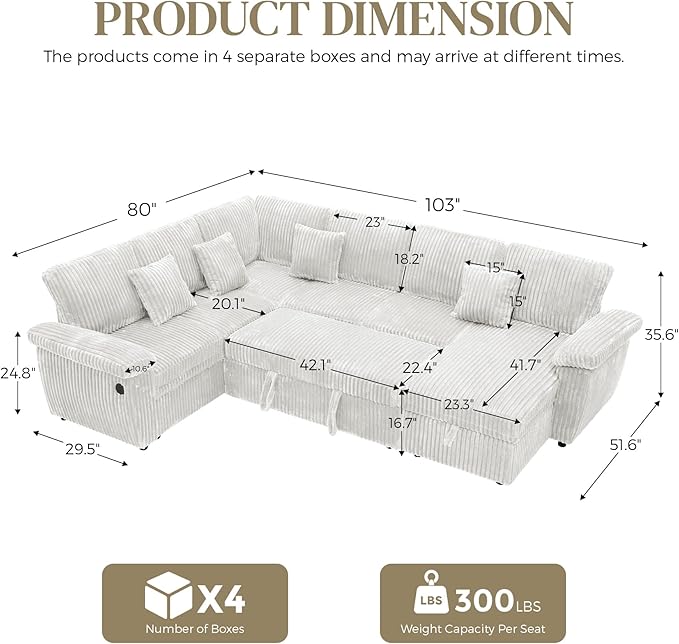 Modular Sectional Sleeper Sofa with Pull Out Bed, Storage Chaise & USB Charging, U Shaped Plush Corduroy Beige Sectional Couches for Living Room, Comfy Convertible 7 Seat Cloud Sofa Bed, Beige