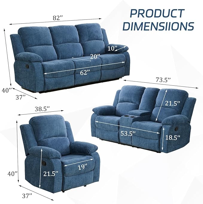 AYCP Bonded Leather Living Room Furniture Set Reclining Sofa Set Loveseat Furniture Sets in Living Room Sofa Recliners (3 Pieces, Blue Microfiber)