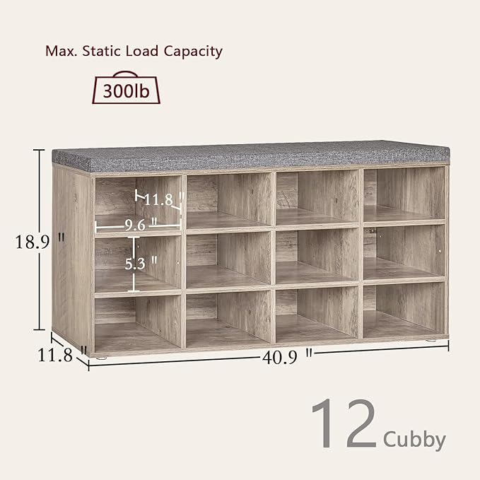 DINZI LVJ Shoe Storage Bench with Cushion, Cubby Rack with 12 Cubbies, Adjustable Shelves, Multifunctional Organizer Bench for Entryway, Mudroom, Hallway, Closet and Garage, Greige