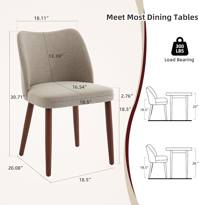 ElfinAura Dining Chair Set of 6, Linen Upholstered Dining Chair with Wood Legs, Wing Backrest, Wooden Kitchen Chair, Kitchen Chairs with Thick Cushions for Dining Room, Living Room, Khaki