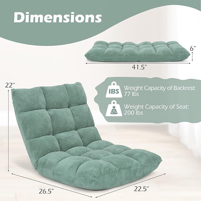 IFANNY Floor Chair with Back Support, Foldling Gaming Sofa Chair with Comfy Cushion, Adjustable 14-Position Meditation Chairs, Lazy Lounge Recliner Reading Seat for Adults, Kids (Green)