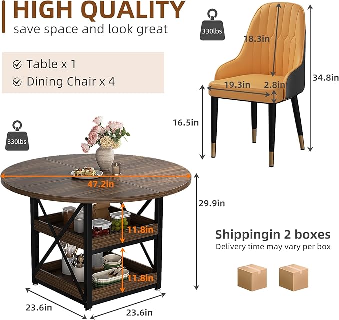 5-Piece Round Dining Table Set for 4 with Storage, Kitchen Table with 4 PU Leather Chairs, Space Saving for Breakfast Nook, Dinette, Dining Room (Boxwood Dining Table-4 Brown Chairs)