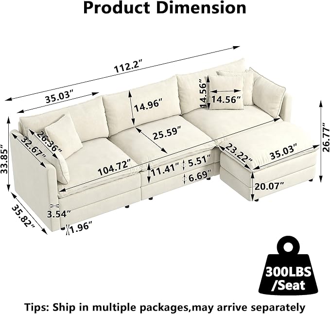 Aoowow Modular Sectional Sofa Modern Convertible L Shaped Couch,112.2 Inch Deep 3-Seater Sofas Set Comfy Chenille Cloud Sofas and Couches with Movable Ottoman for Living Room Apartment（Beige）
