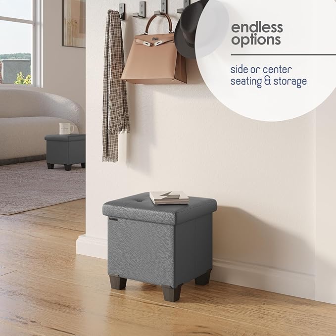 Storage Ottoman Cube with Small Bin, 16-in Square Ottoman with Storage for Living Room and Bedroom, Small Ottomans Foot Rest, Faux Leather Foot Stools Ottomans Max 330lbs, Grey