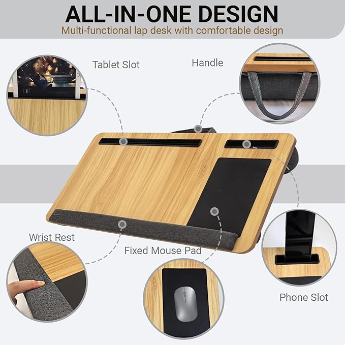 Lap Desk - Laptop Tray for Bed, Lapdesk with Cushion for Couch Sofa Fits up to 17” Laptop, Lap Table with Portable Handle,Tablet,Phone Slots,Mousepad with Foldable Metal Device Stand(Light Brown)
