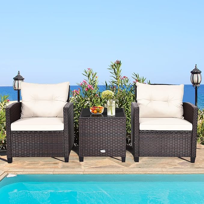 RELAX4LIFE 3 Piece Patio Furniture Set, Wicker Bistro Conversation Set w/ 2 Cushioned Armchairs & Glass Topped Table, Outdoor Rattan Sofa for Porch Balcony Poolside (White)