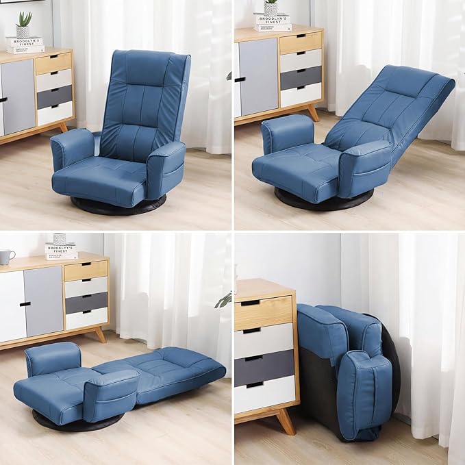 FLOGUOR 360° Swivel Gaming Floor Chair with Armrests – 14-Position Adjustable Folding Floor Sofa Lounger, Padded Backrest, Multi-Angle Recline for Home, Living Room & Office (Blue)