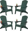 Plawdlik Folding Adirondack Chair, SGS Tested, Wooden Textured with Cup Holder, Heavy All-Weather HDPE Comfortable Set Poolside Backyard Lawn Green Set 4