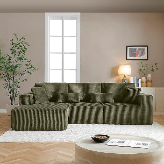 110” Modular Sectional Sofa, Cloud Sectional Couch with Deep Seat, Upholstered Boneless Couches for Living Room, Modern Modular L-Shape Sofa Couch with Chaise (Green, 110" Left Facing Chaise)