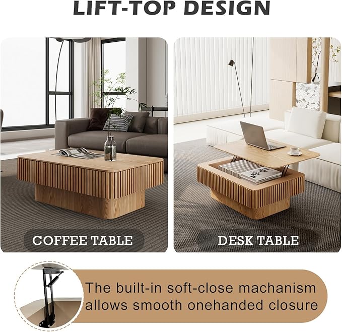 FGXJY Lift Coffee Table with Storage & Adjustable Height, Solid Wood Coffee Table Fluted Center Table Accent Tea Table or Living Room, Apartment, Office (38.6" Natural)