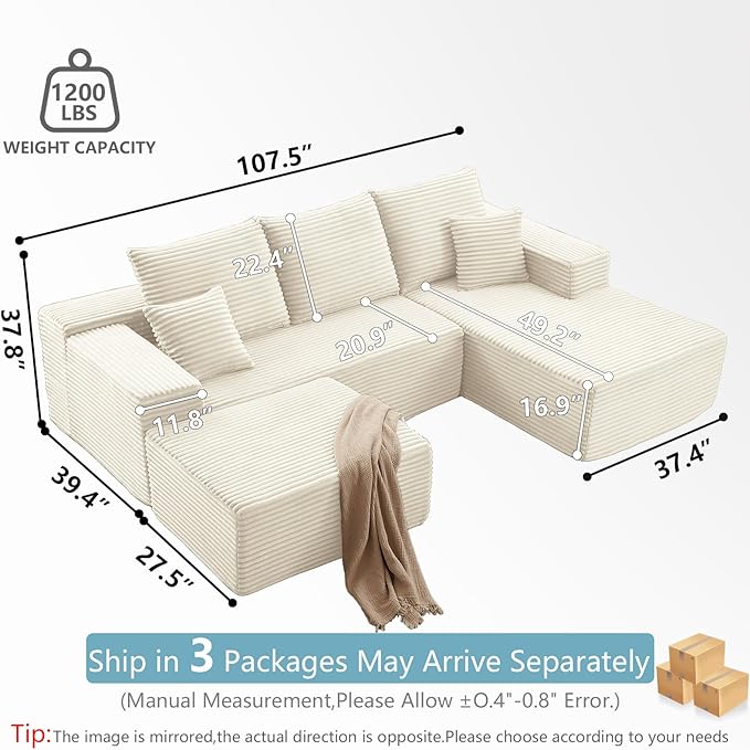 107" W Cloud Sectional Couch with Ottoman,Modern U-Shaped Cloud Couch with Deep Seat,Comfy Corduroy 3-Seater Sofa,Memory Foam Sofa for Living Room,No Assembly (White,Right-Facing Chaise)