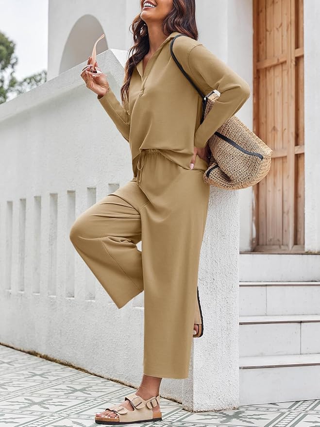 Imily Bela Womens 2 Piece Outfits Sweatsuit Long Sleeve Lapel V Neck Shirt and Wide Leg Pants 2025 Fall Trendy Tracksuit