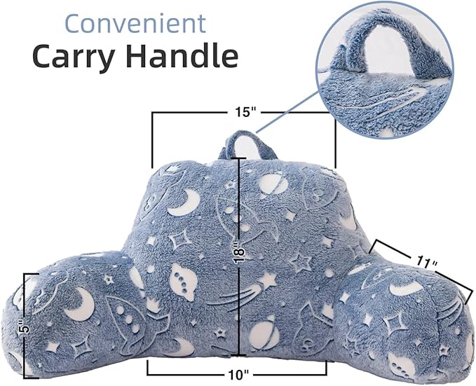 Holawakaka Glow in The Dark Reading Pillow for Sitting up in Bed Sofa Kids Teens, Space Rocket Moon Stars Backrest Pillow with Arms for Boys Girls, Back Support Cushion for Couch Nursery Playroom