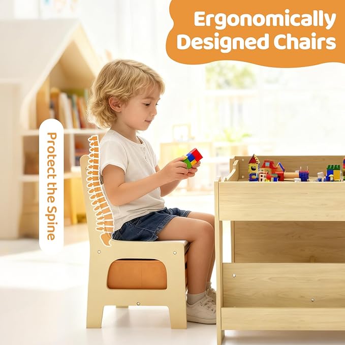 Arlopu Kids Table and Chairs Set, 4 in 1 Toddler Art Desk with Storage Drawer, Wooden Activity Deskboard, Blackboard, Reversible & Detachable Tabletop, Bookshelf for Drawing, Reading (Natural & White)
