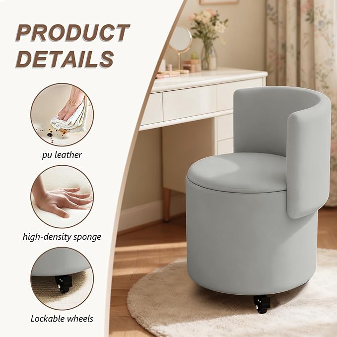 Rolling Round Vanity Chair with Storage, Swivel Makeup Chair with Folding Back, PU Leather Small Upholstered Ottoman for Bedroom Living Room